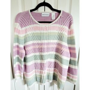 Alfred Dunner XL Sweater Vintage Pastel Striped Beaded Embroidered Loose Strings